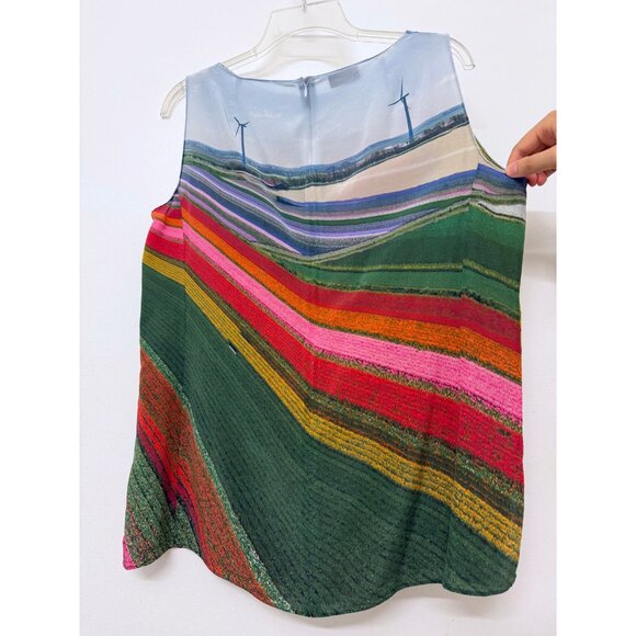 Akris Tulip Farm Flower Field Tank Top Silk Stripe Rainbow Floral Blouse 12 - Picture 9 of 13